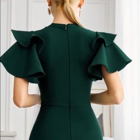 Green Midi Bandage Dress with Ruffles Short Sleeve and a high neck Dress - Picture 2 of 10